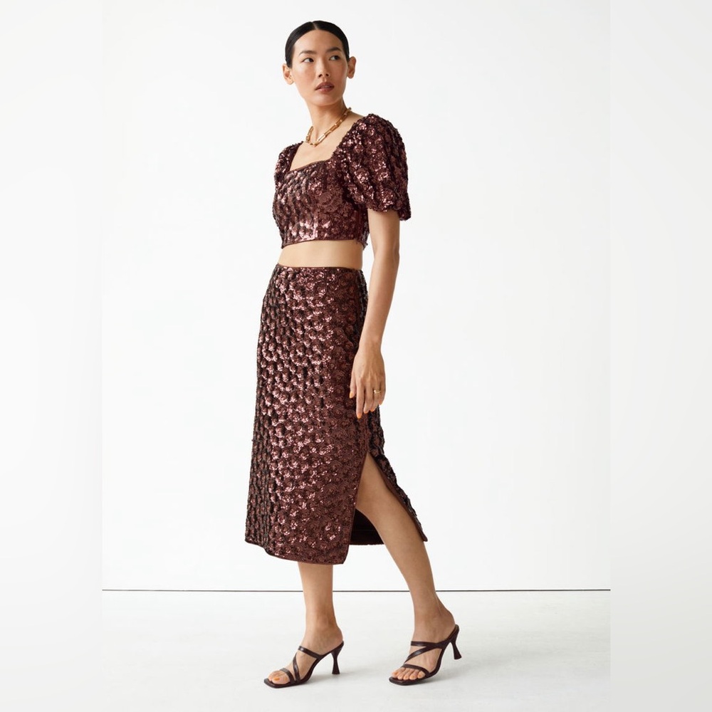 & Other Stories Shimmering Brown Sequin Beaded Midi Pencil Skirt